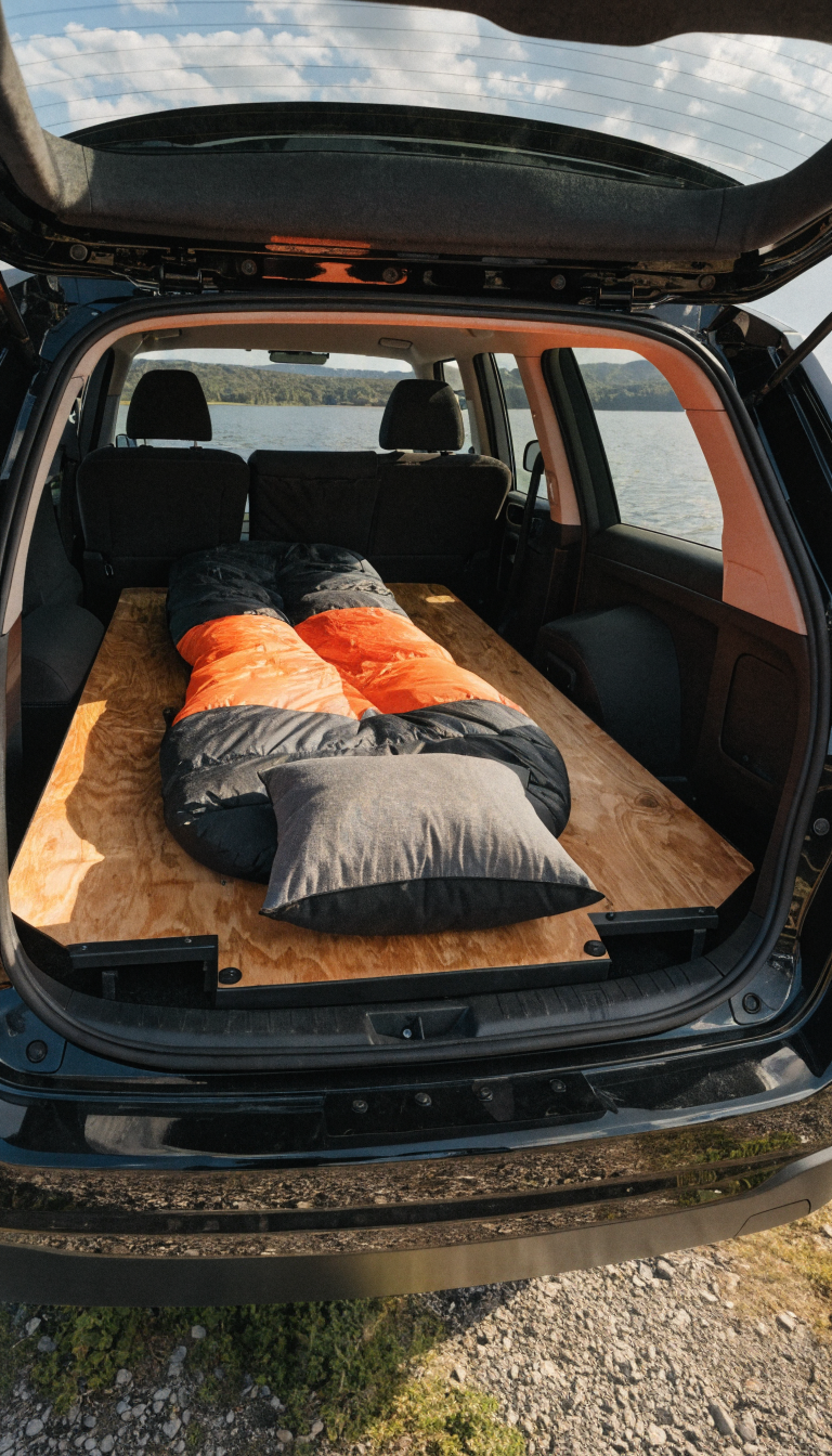 A high-quality photograph of a custom-built wooden sleeping platform installed in the back of an SUV with the rear seats folded down, showing a flat, sturdy plywood surface elevated above the wheel wells, with a camping sleeping bag and pillow neatly arranged on top, natural daylight streaming through the open rear hatch, shot from a slightly elevated angle to show the full platform construction and how it maximizes the vehicle's interior sleeping space.