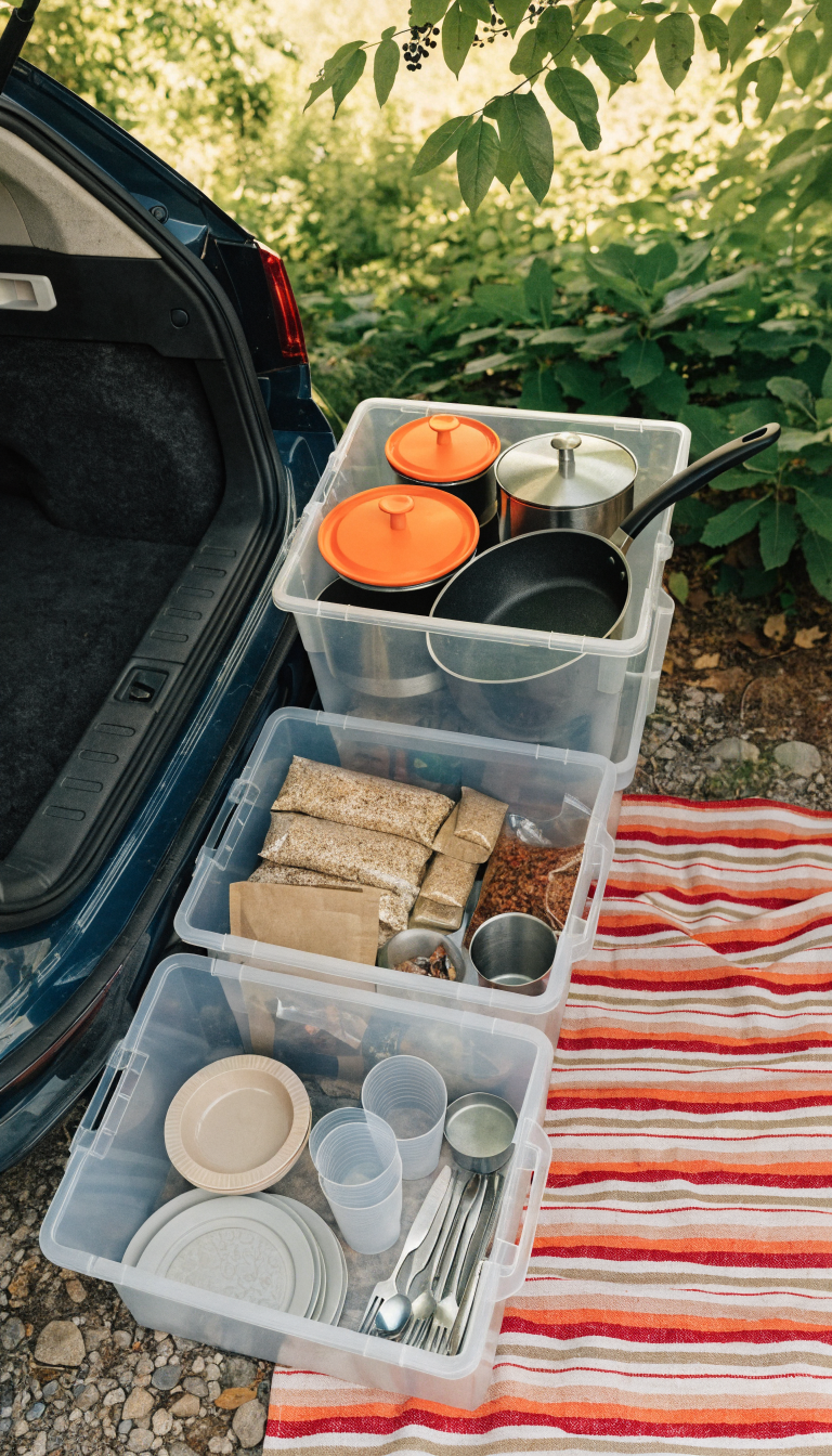 A realistic overhead view of the open trunk of an SUV showing a modular car camping kitchen setup with three clear stackable plastic storage bins pulled out and organized, one bin containing neatly arranged cookware like pots and pans, another with organized dry food packages and supplies, and a third with camping dishes and utensils, all positioned on a camping blanket beside the vehicle in a natural outdoor setting with dappled sunlight, shot in a lifestyle photography style with warm natural colors and shallow depth of field