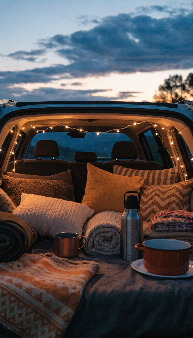 A cozy car camping interior at dusk showing warm amber LED string lights draped along the ceiling and around the windows of an SUV or wagon, with the rear seats folded down creating a sleeping area, soft golden glow illuminating camping gear and pillows, view from inside the vehicle looking toward the open hatchback where twilight sky is visible, realistic photography style with shallow depth of field emphasizing the warm atmospheric lighting against the darker exterior