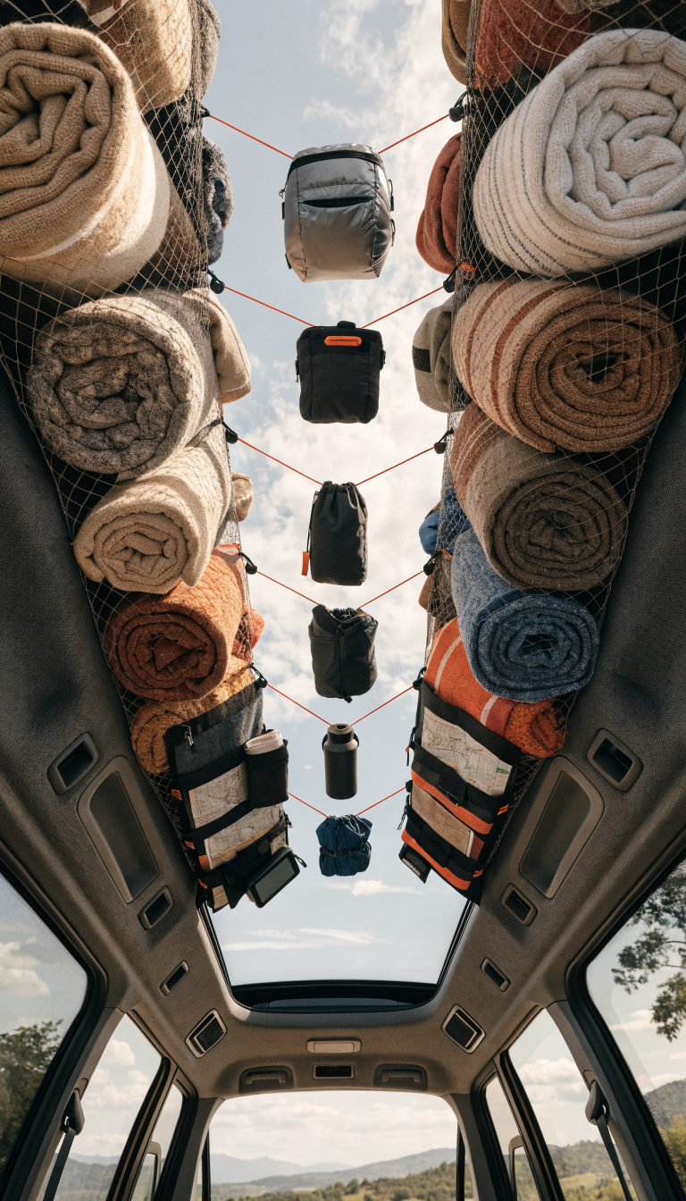 A realistic overhead view looking up at the ceiling interior of an SUV or van showing a well-organized gear loft storage system, with mesh cargo nets stretched across the ceiling holding neatly rolled clothes and towels, paracord lines strung between ceiling handles with lightweight camping gear hanging, and bungee cord organizers securing maps and small items, all photographed from below showing the efficient use of overhead space in a car camping setup, natural lighting coming through windows, detailed interior vehicle texture visible