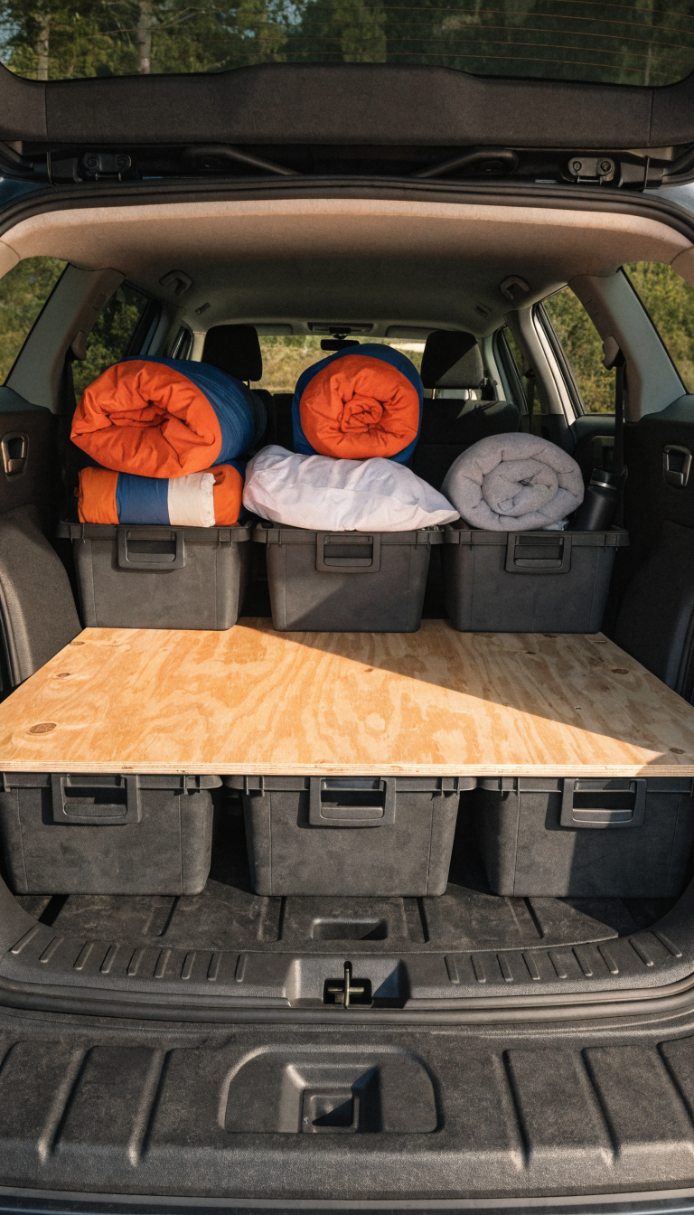 A realistic photo showing the interior cargo area of a Subaru Crosstrek with the rear seats folded down, featuring a flat DIY sleep platform made from a smooth plywood sheet resting on several uniform-height plastic storage bins underneath, creating a level sleeping surface, shot from the rear hatch opening in natural daylight with camping gear visible stored in the bins below the platform, professional automotive interior photography style with sharp focus and depth of field