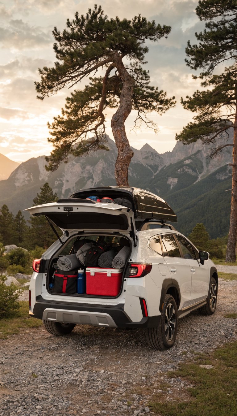 A high-quality photograph of a white Subaru Crosstrek SUV with a large black aerodynamic roof cargo box mounted on factory roof rails, parked at a scenic mountain campsite during golden hour, with the rear hatch open showing a spacious, organized interior with camping gear, the roof box lid partially open revealing neatly packed sleeping bags and camping equipment inside, surrounded by pine trees and mountain peaks in the background, professional automotive photography style with sharp details and natural lighting