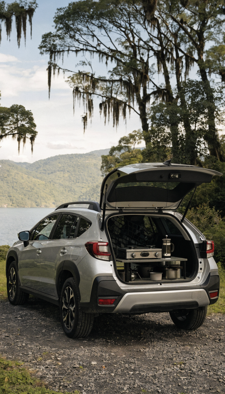 A realistic outdoor photograph of a silver Subaru Crosstrek SUV with its rear hatch door open, positioned at a scenic campsite with trees in the background. Under the raised hatchback, a compact camping kitchen setup is visible featuring a collapsible table with a portable two-burner camp stove, organized cooking supplies, camping cookware, and a French press coffee maker neatly arranged in the cargo area. The hatch provides shelter over the cooking station like a canopy. Natural daylight with slightly overcast skies suggesting potential rain. Shot from a three-quarter rear angle showing both the open hatch and the kitchen setup underneath, with camping gear visible inside the vehicle's cargo space. Professional automotive photography style with sharp focus and natural colors.