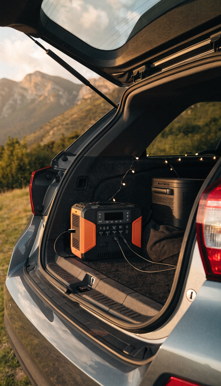 A realistic photograph of a Subaru Crosstrek with its rear hatch open during golden hour, showing a portable power station battery pack sitting on the cargo floor with multiple devices plugged in including a smartphone, LED string lights glowing softly, and a small electric cooler nearby, set against a scenic mountain camping background with warm natural lighting illuminating the organized camping setup inside the vehicle.