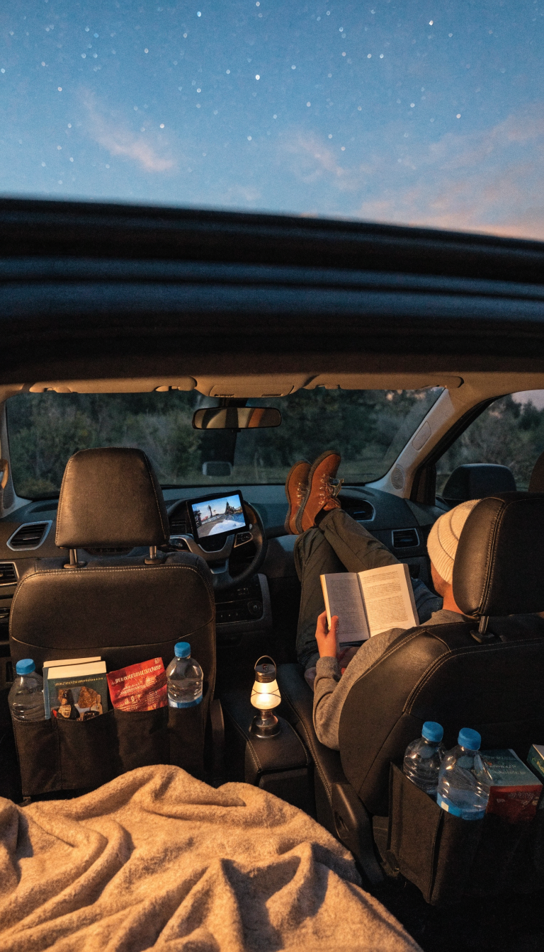 A cozy interior view of a Subaru Crosstrek with both front seats fully reclined, showing a comfortable lounge setup for car camping. The driver's seat is laid back at a steep angle with a soft blanket draped over it, and a tablet propped up on the dashboard displaying a movie. Seat back organizers are visible attached to the headrests, filled with paperback books, snack bags, and water bottles. Warm ambient lighting from a small USB lantern creates an inviting glow inside the cabin. Through the slightly cracked windows, you can see twilight sky with early stars appearing. A person relaxing in one of the reclined seats holding a book, wearing casual camping attire. The Crosstrek's modern interior materials and dashboard are clearly visible, emphasizing the comfortable, adventure-ready nature of the vehicle's cabin setup for evening relaxation during a camping trip.