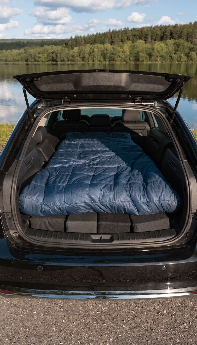A realistic photo showing the interior of a sedan from a rear three-quarter angle with the back seats folded down flat, creating a continuous platform from the trunk area extending forward into the cabin, with storage bins and foam blocks filling the gap between trunk and folded seats to create a level sleeping surface, sleeping bag laid out on top demonstrating the extended sleeping space, taken in natural daylight with the rear hatch or trunk open to show the camping setup clearly