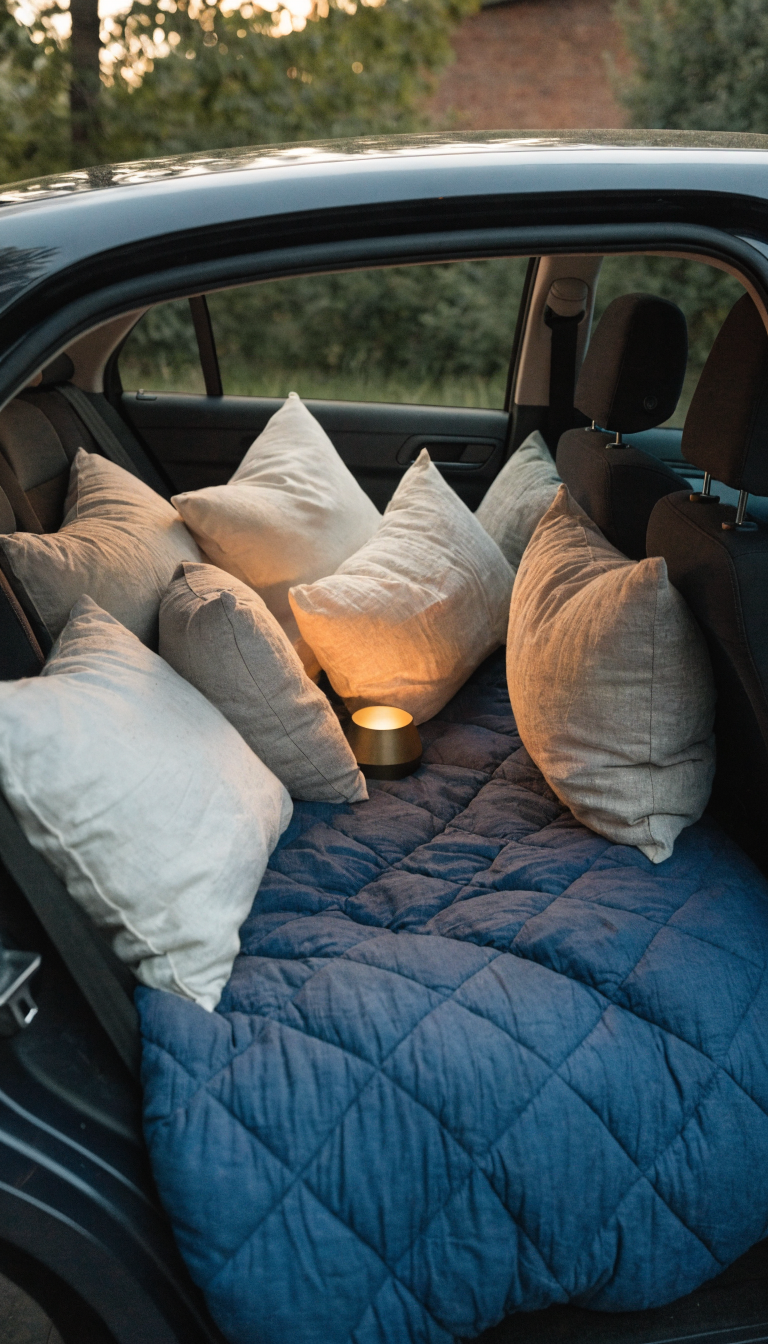 A cozy minimalist backseat sleeping setup inside a sedan car viewed from the open rear door, featuring a thick navy blue sleeping bag laid out across the back seat, multiple soft pillows propped against the door and backrest creating a nest-like cocoon, warm ambient lighting from a small LED lantern, the curved interior of the sedan creating an intimate cave-like space, realistic automotive interior details visible including seatbelts and door panels, shot from a slightly elevated angle showing the inviting comfort of the setup, photorealistic quality with soft natural lighting during dusk