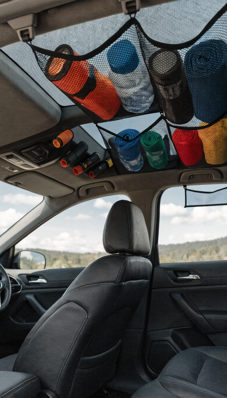 A detailed interior photograph of a sedan's passenger cabin showing an innovative overhead storage system for car camping, with mesh hanging organizers suspended from the ceiling grab handles and sun visors, small gear pouches attached to the overhead console, and organizational nets stretched across the upper window areas, all filled with camping essentials like flashlights, water bottles, and rolled clothing, shot from the back seat perspective looking forward, natural daylight coming through windows, realistic automotive interior with cleared floor space below demonstrating efficient vertical storage solution