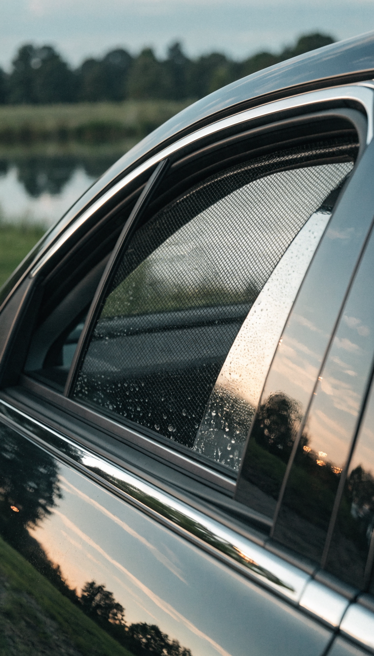A detailed close-up photo of a sedan car's partially opened window with a custom-fitted mesh screen insert and reflective window shade, showing temperature control setup for camping. The image captures the side window from outside the vehicle at dusk, with soft ambient light revealing the layered window management system including a magnetic mesh screen allowing airflow while keeping insects out, and a reflective silver sun shade positioned on the inside. Condensation droplets are visible on the glass, and you can see part of the sedan's sleek body in dark color. The setup demonstrates practical all-season camping ventilation, shot with shallow depth of field, professional automotive photography style, golden hour lighting.
