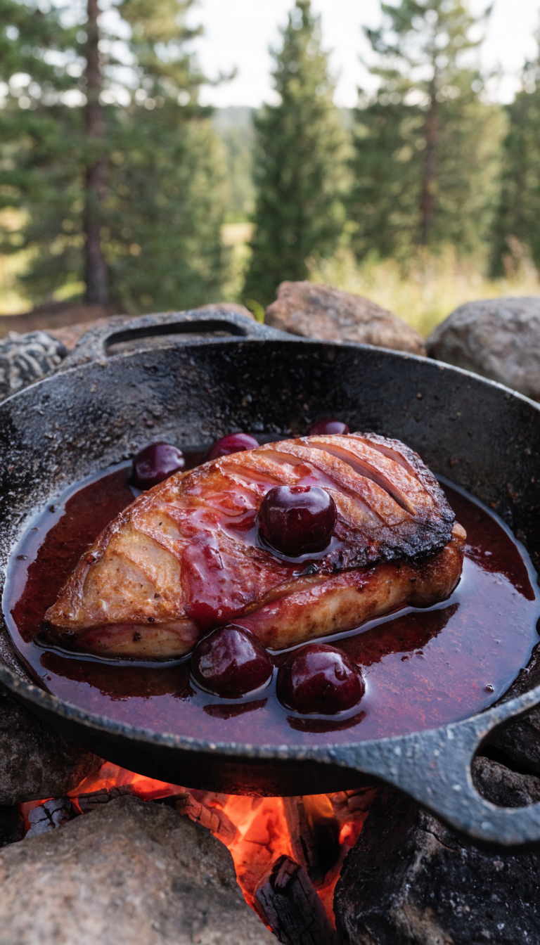 A perfectly seared duck breast with crispy golden-brown skin in a well-seasoned cast iron skillet over glowing campfire coals, with a rich dark cherry reduction sauce pooling around the meat, garnished with fresh cherries, set against a rustic outdoor camping background with pine trees softly blurred in the distance, natural daylight photography, shallow depth of field, gourmet food styling