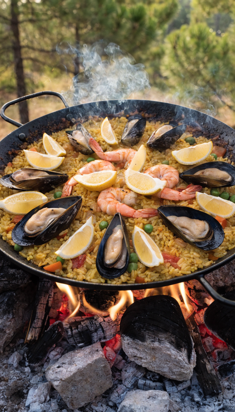 A stunning overhead shot of a large cast iron paella pan positioned over glowing campfire embers in an outdoor setting, filled with golden saffron-infused rice studded with pink shrimp, open black mussels, and colorful vegetables including red bell peppers and green peas, garnished with fresh lemon wedges, with flames flickering at the edges of the pan and a rustic camping backdrop of pine trees softly blurred in the background during golden hour lighting
