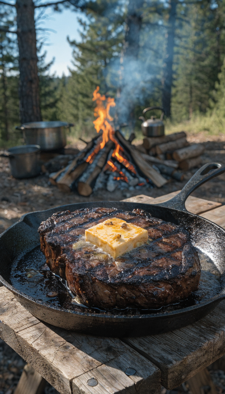 A rustic outdoor campsite scene featuring a perfectly grilled thick-cut ribeye steak with a dark coffee-rubbed crust on a cast iron skillet, topped with a melting pat of golden compound butter. The steak shows beautiful char marks and glistening juices, positioned on a wooden camp table with camping cookware visible in the background. Natural outdoor lighting with a campfire subtly blurred in the distance, surrounded by pine trees. The composition emphasizes the gourmet quality of the meal against the wilderness setting, with rich, warm tones and professional food photography styling.