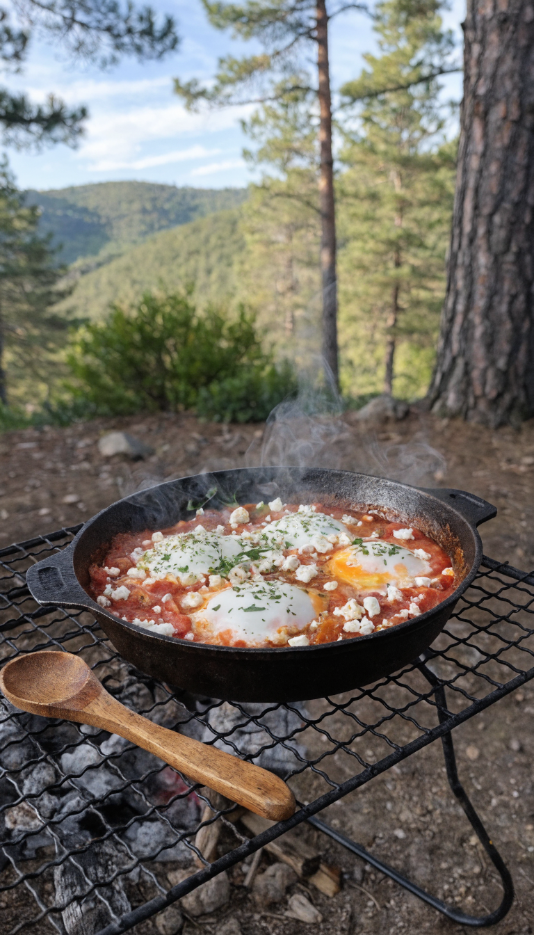 A rustic cast iron skillet filled with vibrant shakshuka positioned on a camping grate over glowing embers, featuring perfectly poached eggs with golden runny yolks nestled in rich red tomato sauce, topped with crumbled white feta cheese and fresh green herbs, with a wooden camping spoon beside the pan, soft morning sunlight filtering through pine trees in the blurred background, steam rising from the hot dish, outdoor wilderness setting visible