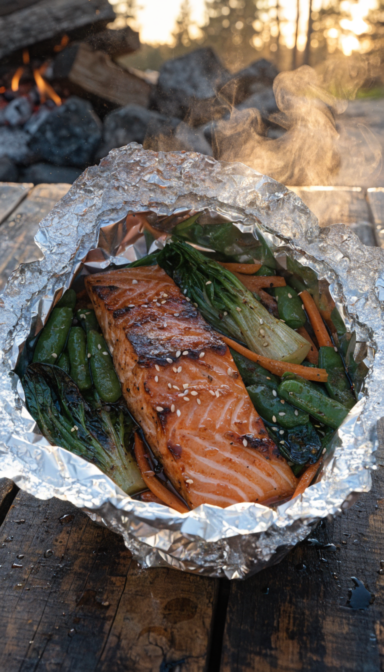 A high-quality overhead photograph of a freshly opened foil packet revealing glazed miso salmon with colorful Asian vegetables including bok choy, snap peas, and julienned carrots, placed on a rustic wooden camping table with a campfire glowing softly in the blurred background, golden hour lighting, the salmon glistening with a caramelized miso glaze, wisps of steam rising from the hot food, outdoor camping setting visible with pine trees in soft focus, professional food photography style with shallow depth of field