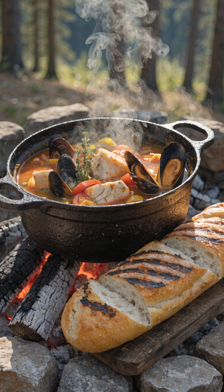 A rustic cast iron pot filled with vibrant orange-red bouillabaisse fish stew simmering over glowing campfire coals, chunks of white fish and mussels visible in the saffron-infused broth, steam rising from the pot, accompanied by a crusty grilled baguette with charred marks resting on a wooden cutting board beside the fire, outdoor camping setting with natural morning light filtering through trees, shallow depth of field, professional food photography style, warm and inviting atmosphere