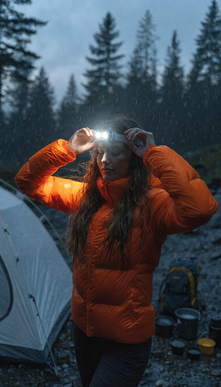 A woman outdoors at dusk wearing a bright LED headlamp on her forehead, the beam of light illuminating her campsite surroundings. She's adjusting the headlamp with both hands free, standing near a tent with camping gear visible in the background. The headlamp shows clear LED lights and has a modern, sturdy design with an adjustable elastic strap. Natural outdoor camping environment with trees and twilight sky, professional product photography style showing the headlamp in practical use during a camping trip.