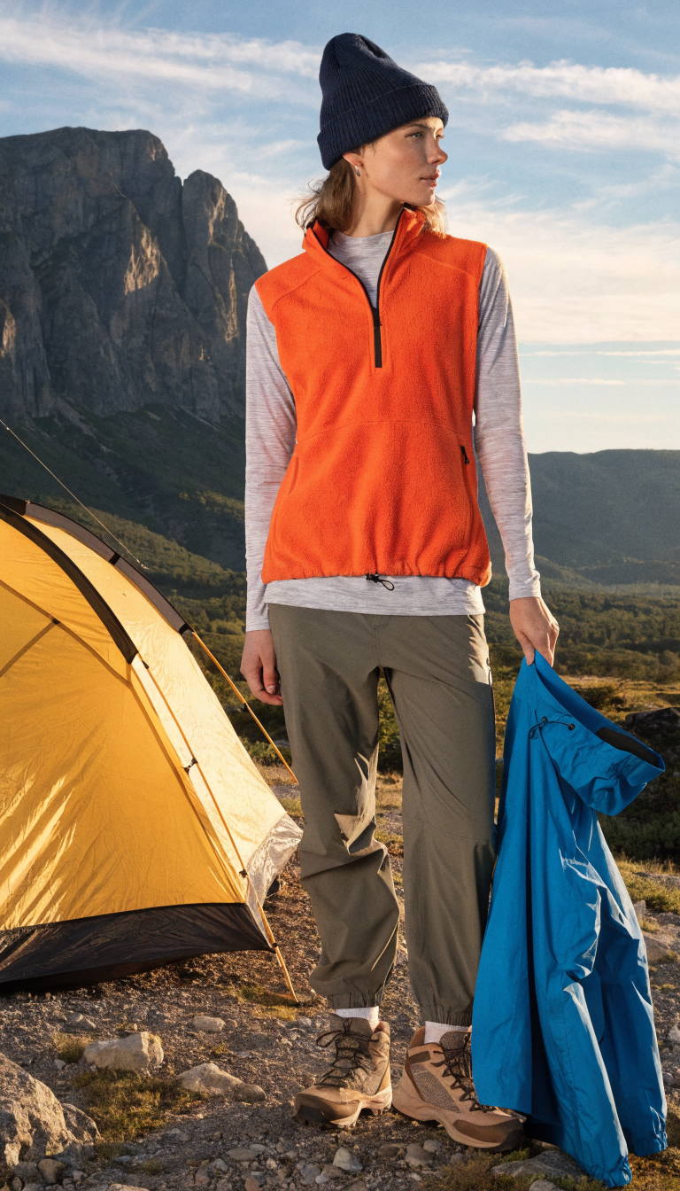 A woman outdoors in a camping setting wearing a complete three-layer clothing system, showing a moisture-wicking base layer shirt, a fleece mid-layer jacket, and holding a weatherproof outer shell jacket, standing near a tent with mountains in the background during golden hour, the layers clearly visible and distinct, professional outdoor photography style, natural lighting, high detail and sharp focus
