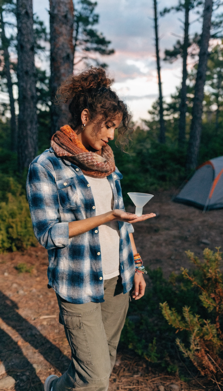 A realistic outdoor camping scene showing a confident young woman in hiking gear standing in a forest at dusk, holding a small silicone funnel-shaped feminine hygiene device in her hand while looking at it thoughtfully, with a tent visible in the soft-focus background, natural lighting filtering through pine trees, product photography style with shallow depth of field focusing on the device and her relaxed expression