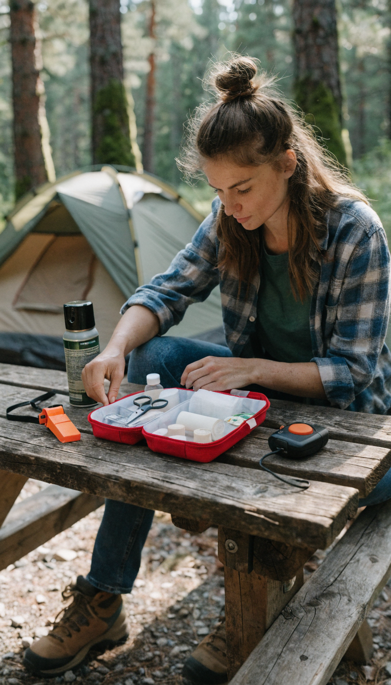 A realistic outdoor photography scene showing a young woman at a campsite organizing personal safety items on a wooden picnic table, including a bright orange emergency whistle on a lanyard, an open red and white first aid kit with visible bandages and supplies, a canister of bear spray, and a small personal alarm device. The woman is wearing casual hiking attire and is focused on arranging these items. Natural daylight filtering through pine trees in the background, with a tent partially visible. Shot from a slightly elevated angle to clearly show all the safety equipment laid out on the table. Professional photography with shallow depth of field, warm natural tones, and a reassuring, preparedness-focused atmosphere.