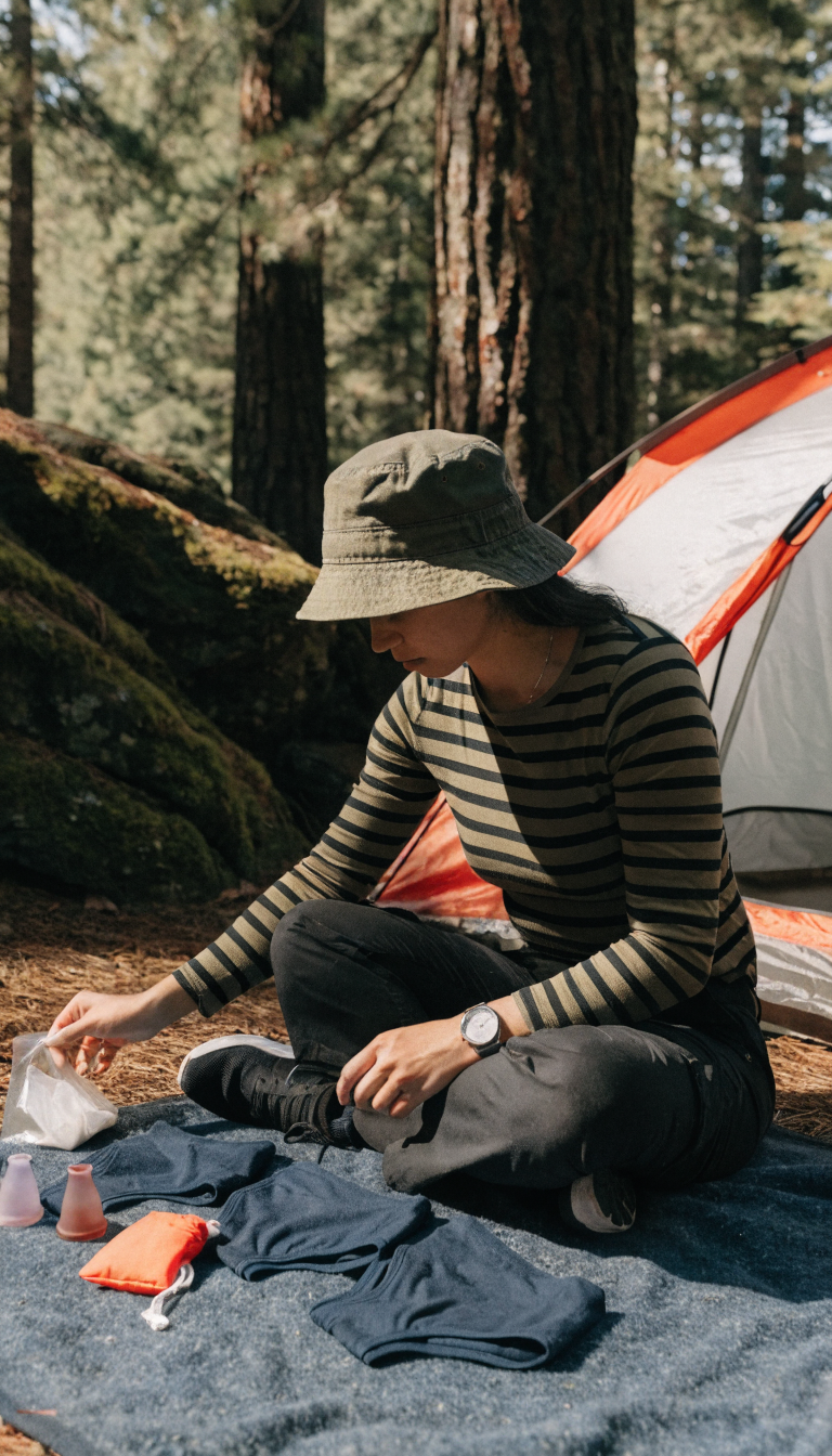 A realistic outdoor camping scene showing a woman sitting at a campsite organizing personal hygiene supplies including menstrual products, menstrual cups, and period underwear laid out on a camping blanket, with a tent and forest backdrop in natural daylight, professional photography style with warm natural lighting and earth tones.