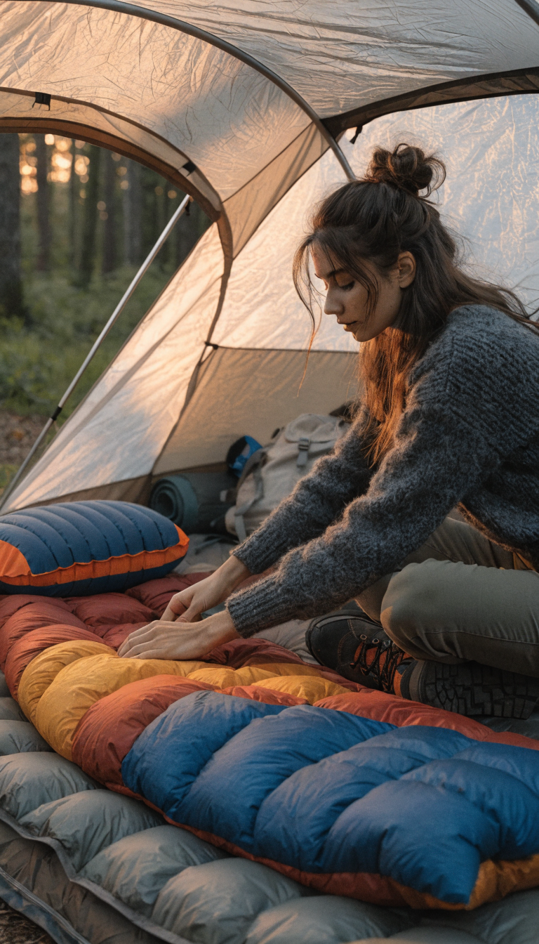 A woman camper arranging her complete sleep system inside a tent at dusk, laying out a puffy sleeping bag in rich jewel tones, a thick insulated sleeping pad underneath, and a compact inflatable camping pillow at the head, with soft golden hour lighting filtering through the tent fabric, camping gear visible in the background, shot from a side angle showing the layered sleep setup on the tent floor, professional outdoor photography style, realistic and inviting atmosphere