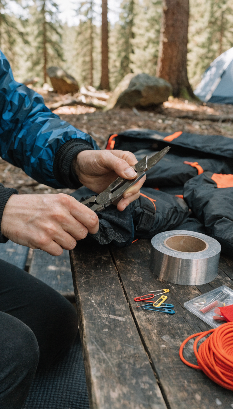 A detailed outdoor photography shot of a woman's hands using a stainless steel multi-tool to repair camping gear at a campsite, with the multi-tool's pliers and knife blade visible in use. Spread out on a weathered wooden picnic table or camping mat are essential repair items including a roll of silver duct tape, colorful safety pins of various sizes, a small sewing kit, and paracord. The woman wears outdoor clothing and the background shows a softly blurred forest campsite setting with a tent visible in natural daylight. The composition emphasizes the practical tools and repair supplies in sharp focus, showcasing their utility and readiness for outdoor emergencies.
