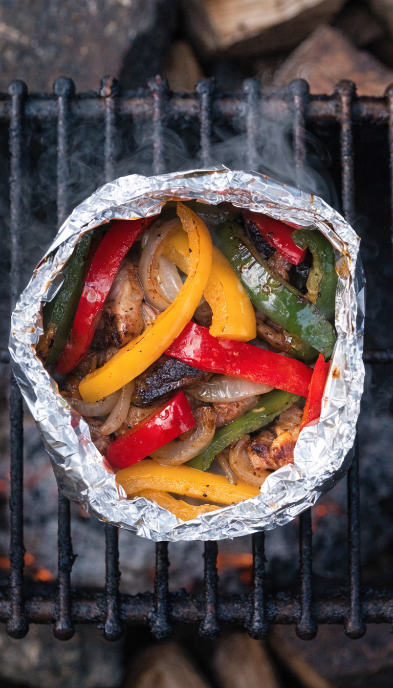 A top-down view of a freshly opened aluminum foil packet on a campfire grill grate, revealing colorful sizzling fajita contents with charred bell pepper strips in red, yellow, and green, seasoned chicken or steak strips, caramelized onions, and visible steam rising from the hot food. The foil is slightly charred and crinkled at the edges, with warm glowing embers visible beneath the grill grate. Natural outdoor lighting with a rustic camping setting in soft focus background, shallow depth of field focusing on the vibrant, mouth-watering fajita ingredients inside the packet.