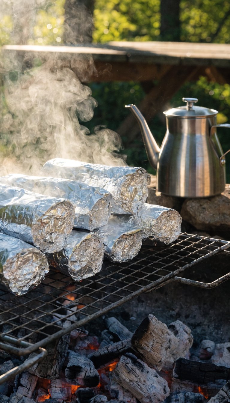 A rustic outdoor camping scene showing aluminum foil-wrapped breakfast burritos being warmed on a grate over glowing campfire embers, with morning sunlight filtering through trees in the background, steam rising from the foil packages, a camping coffee pot nearby, and a wooden picnic table slightly out of focus, shot in warm natural lighting with shallow depth of field