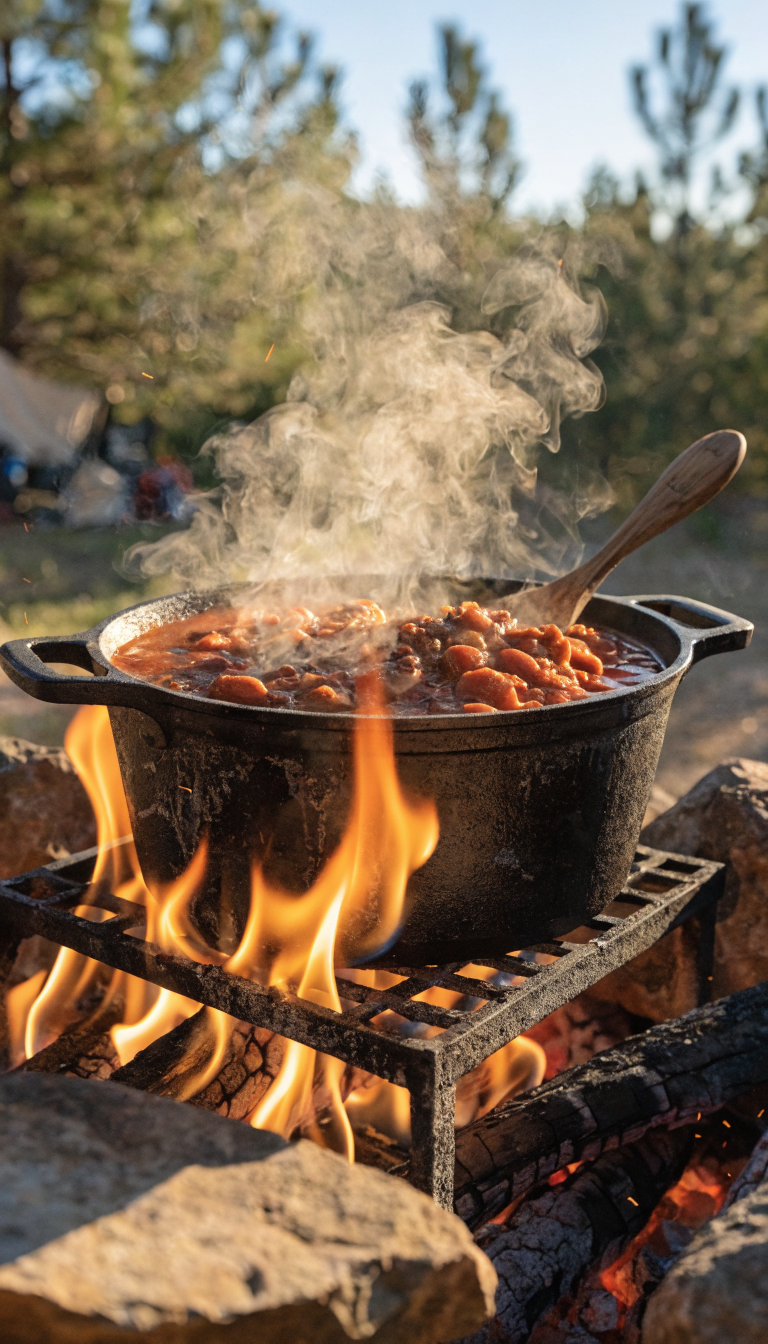 A rustic cast iron pot filled with hearty, steaming chili sitting on a campfire grate outdoors, with visible beans, ground meat, and rich red sauce, surrounded by flickering flames and glowing embers, with a wooden spoon resting on the pot's edge, pine trees softly blurred in the background during golden hour, camping gear subtly visible, shot from a 45-degree angle with shallow depth of field emphasizing the appetizing texture of the chili