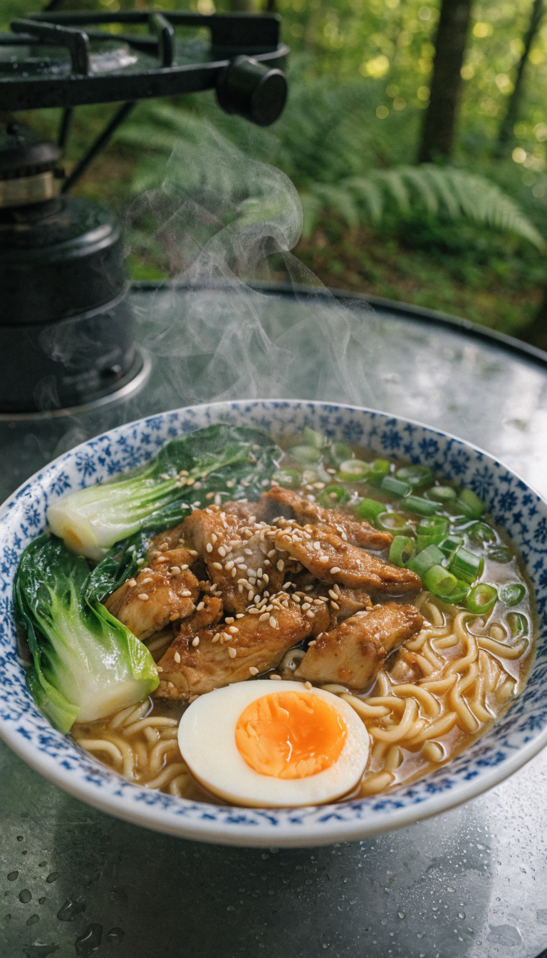 A overhead view of a steaming bowl of elevated instant ramen in a camping setting, featuring golden noodles in rich broth topped with shredded rotisserie chicken, colorful fresh vegetables including bok choy and sliced scallions, a soft-boiled egg cut in half, and sesame seeds, placed on a portable camping table with a camping stove and forest background visible in soft focus, natural outdoor lighting, appetizing food photography style
