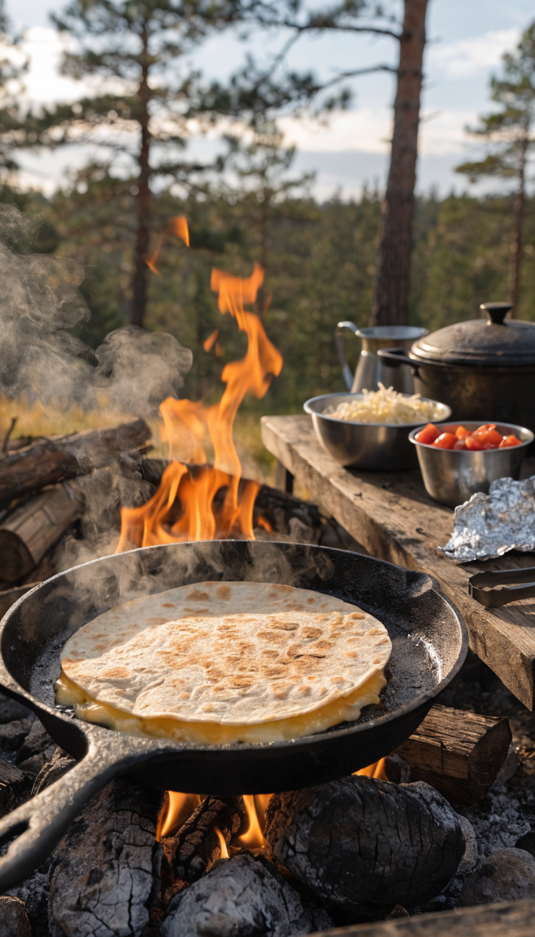 A mouthwatering campfire quesadilla cooking in a cast iron skillet over glowing campfire coals, golden-brown tortilla with melted cheese oozing from the edges, flames flickering in the background, outdoor wilderness setting with pine trees softly blurred behind, warm evening light, steam rising from the hot skillet, camping cookware and ingredients visible on a rustic wooden camp table nearby, photorealistic food photography style, shallow depth of field focusing on the sizzling quesadilla