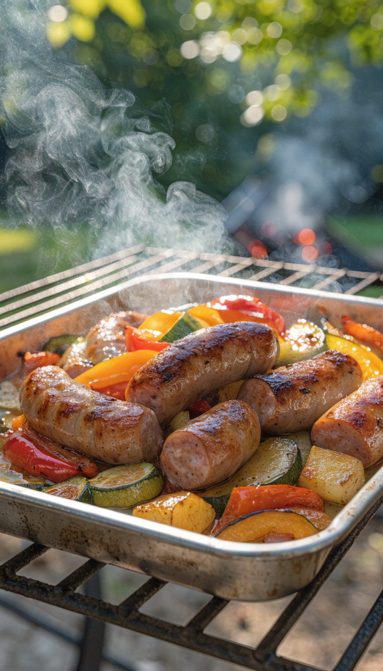 A rustic sheet pan filled with golden-roasted sausages, colorful bell peppers, diced potatoes, sliced zucchini, and chunks of onions, arranged on a camping grill grate outdoors. The vegetables are glistening with olive oil and show caramelized edges, with plump kielbasa sausages nestled among them. Dappled sunlight filters through trees in the background, a campfire visible out of focus, with camping equipment and a tent subtly visible. Shot from a 45-degree angle showing the full sheet pan, with steam rising from the hot food, capturing the appetizing textures and vibrant colors of the roasted vegetables in warm, natural outdoor lighting.