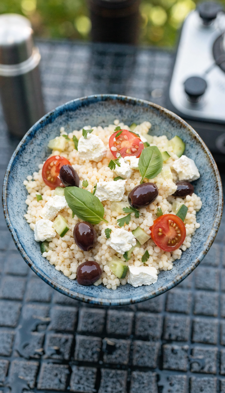 A rustic camping bowl filled with fluffy Israeli couscous topped with colorful Mediterranean ingredients including cherry tomatoes, kalamata olives, crumbled feta cheese, cucumber chunks, and fresh herbs, sitting on a portable camping table with a thermos and camp stove visible in the soft-focused background, natural outdoor lighting, overhead angle shot showing the full bowl composition, realistic food photography style