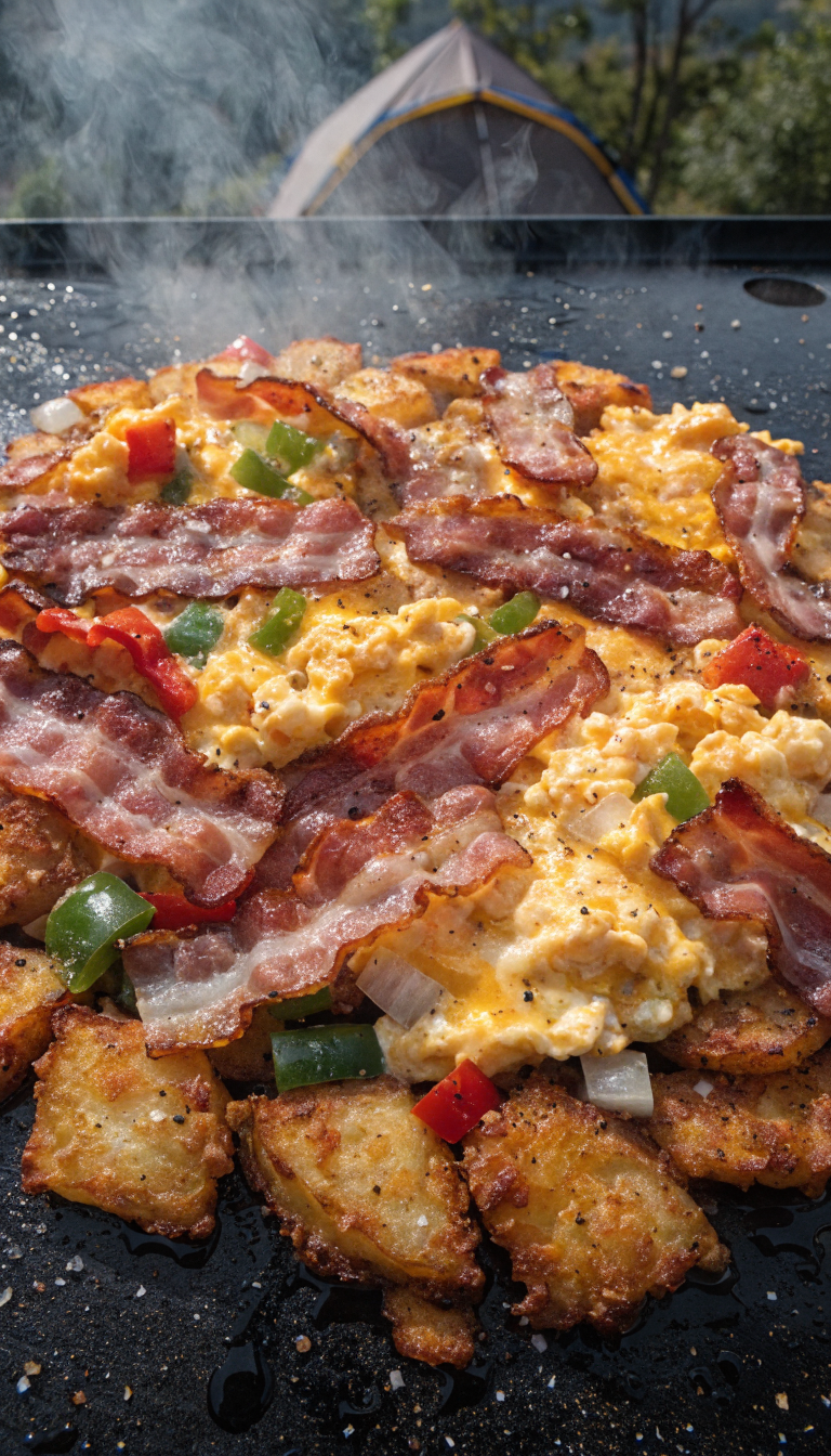 A high-quality overhead photograph of a sizzling breakfast smash bowl cooking on a flat-top griddle outdoors, featuring golden crispy hash browns, fluffy scrambled eggs, strips of crispy bacon, and colorful diced bell peppers and onions all arranged together on the black cooking surface, with steam rising from the hot food, morning sunlight illuminating the scene, camping tent blurred in the background, professional food photography style with rich colors and appetizing texture details