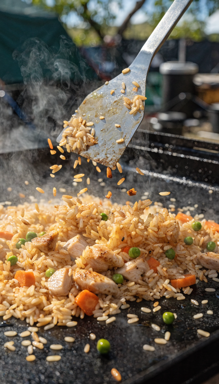 A professional overhead photograph of hibachi-style fried rice being cooked on a large black Blackstone flat top griddle outdoors at a campsite, with golden-brown rice grains scattered across the hot surface showing crispy edges and char marks, diced chicken pieces mixed throughout, colorful vegetables like carrots and peas visible, a metal spatula actively tossing the rice creating motion and steam, natural daylight illuminating the scene, camping equipment subtly visible in the blurred background, highly detailed food photography with shallow depth of field focusing on the sizzling fried rice