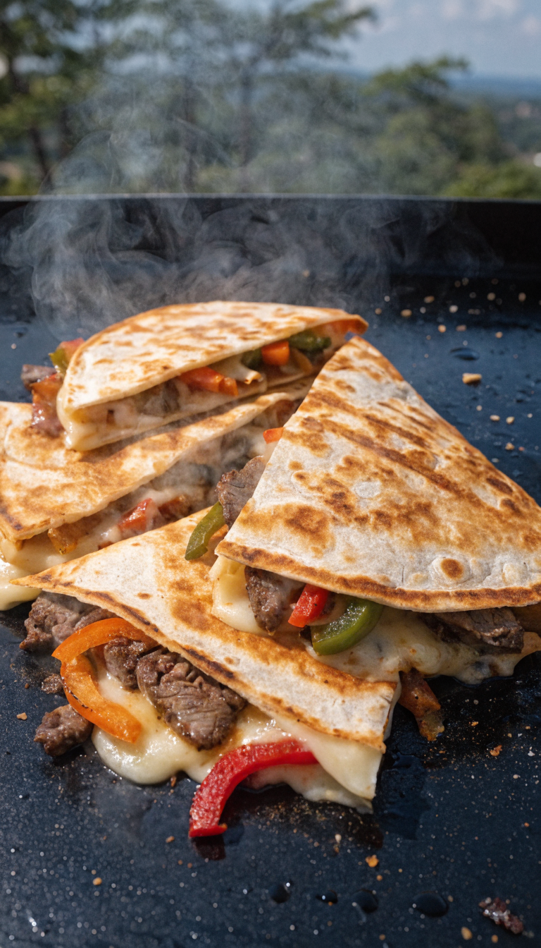 A top-down view of a golden-brown crispy quesadilla cut into triangles on a flat-top griddle, with melted provolone cheese oozing out between the tortilla layers, filled with thinly sliced seasoned steak and sautéed bell peppers, steam rising from the hot surface, outdoor camping setting visible in soft-focused background, natural daylight photography, appetizing food styling with grill marks visible on the tortilla surface