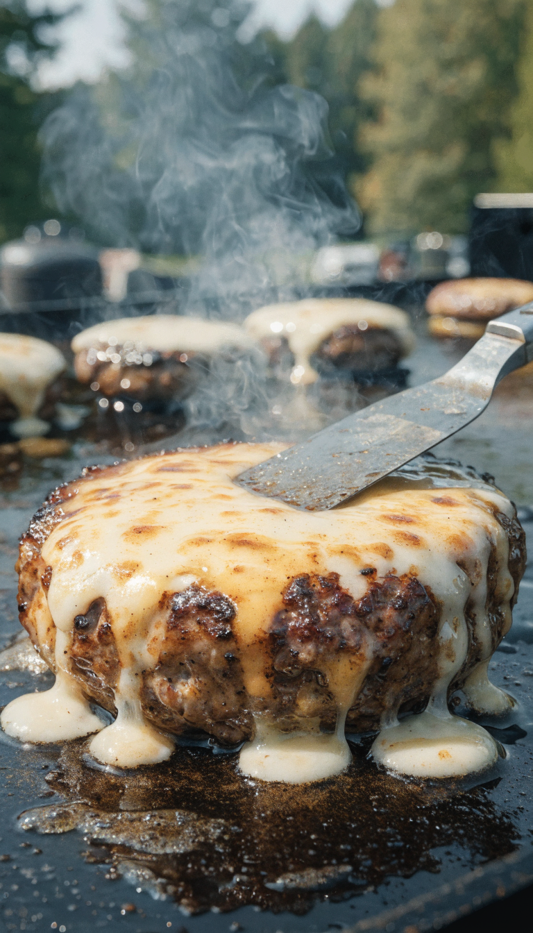 A mouth-watering smash burger being cooked on a flat-top Blackstone griddle outdoors, showing a beef patty with a deeply caramelized golden-brown crust being pressed down with a metal spatula, sizzling juices and steam rising from the ultra-hot surface, cheese melting over the patty, with additional burger patties cooking simultaneously in the background, camping setting visible with trees and outdoor equipment softly blurred, natural daylight, close-up food photography perspective emphasizing the crispy texture and glistening crust of the burger