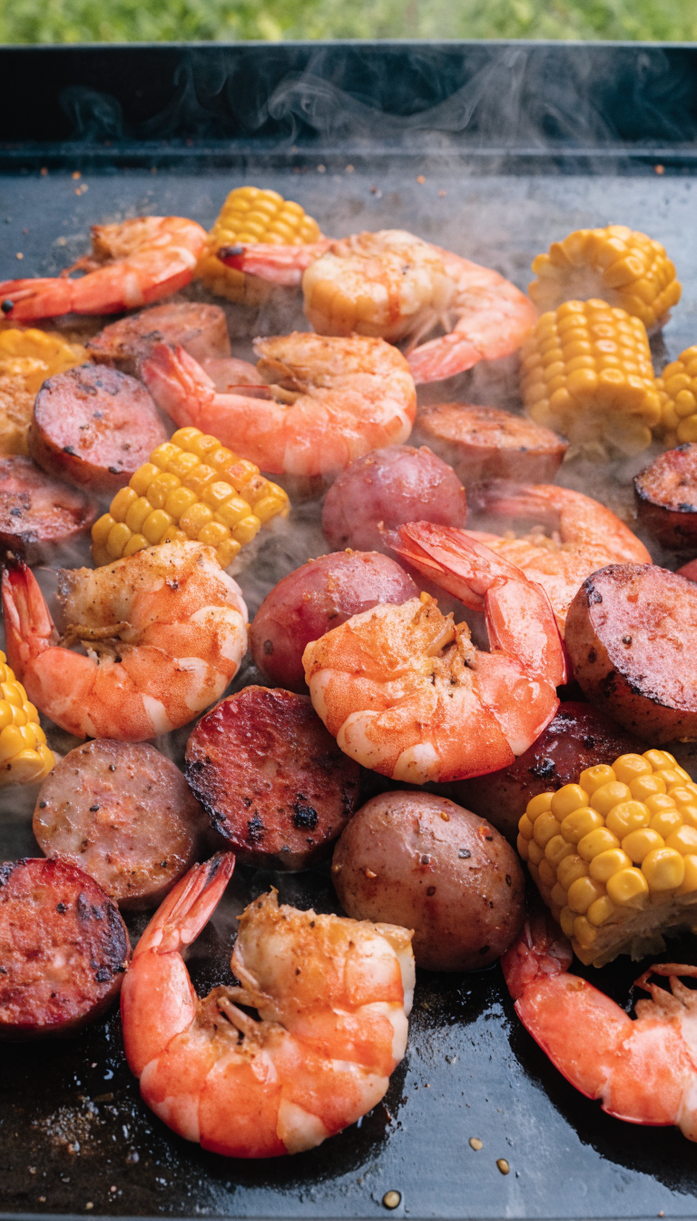 A mouthwatering overhead view of a one-pan shrimp boil spread cooking on a flat-top griddle outdoors, featuring large pink shrimp, sliced andouille sausage rounds with charred edges, small red potatoes, and corn on the cob pieces all sizzling together, with visible steam rising and Cajun seasoning sprinkled throughout, natural outdoor lighting suggesting a camping setting, shallow depth of field, professional food photography style