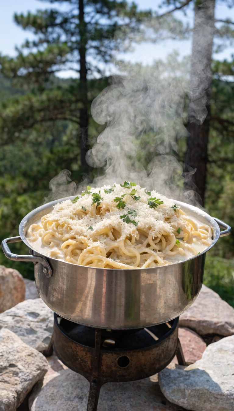 A rustic camping stove with a large stainless steel pot containing creamy garlic parmesan pasta with visible angel hair noodles coated in a rich, glossy white sauce, garnished with fresh parsley and grated parmesan cheese, steam rising from the pot, set on a portable camp stove in an outdoor wilderness setting with pine trees softly blurred in the background, natural afternoon lighting, appetizing food photography style