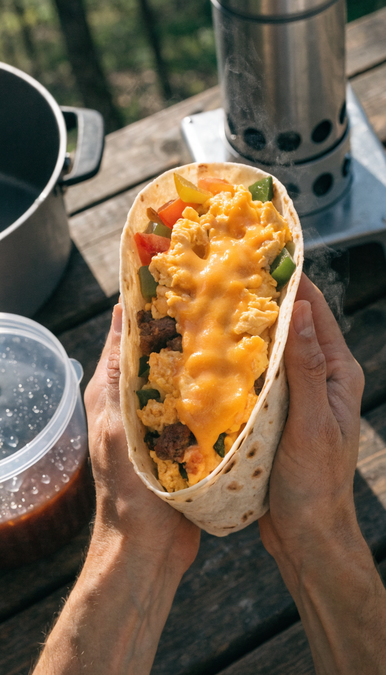 A close-up overhead shot of hands holding a flour tortilla wrap filled with fluffy scrambled eggs, melted cheese, diced vegetables, and crumbled breakfast sausage, set against a rustic camping scene with a portable camping stove visible in the background, morning sunlight filtering through trees, steam rising from the fresh-cooked eggs, outdoor camping cookware and a leak-proof container nearby on a wooden picnic table, shallow depth of field focusing on the appetizing breakfast wrap, professional food photography style with natural lighting