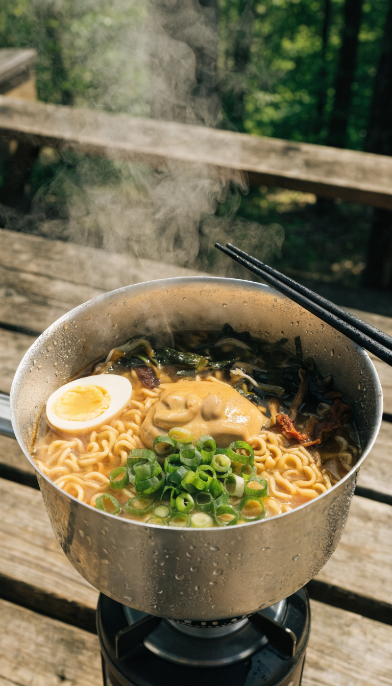 A high-quality overhead photograph of an elevated instant ramen dish being cooked in a camping pot on a portable stove, featuring golden noodles in rich broth with colorful additions like a swirl of peanut butter, sliced green onions, a soft-boiled egg with runny yolk, dried vegetables rehydrating in the steam, and chopsticks resting on the pot edge, set against a rustic outdoor camping background with a wooden picnic table surface, natural daylight, shallow depth of field focusing on the appetizing noodles and toppings