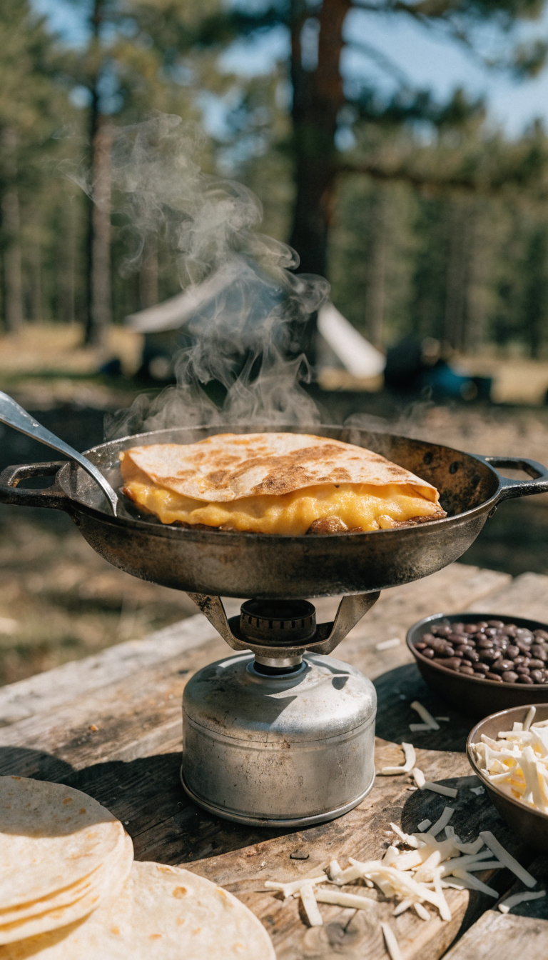 A golden-brown quesadilla cooking on a portable camping stove in an outdoor wilderness setting, with melted cheese visibly oozing from the edges, surrounded by fresh ingredients like black beans, tortillas, and shredded cheese on a rustic camping table, with pine trees and a campsite blurred in the background, captured in natural daylight with steam rising from the hot quesadilla