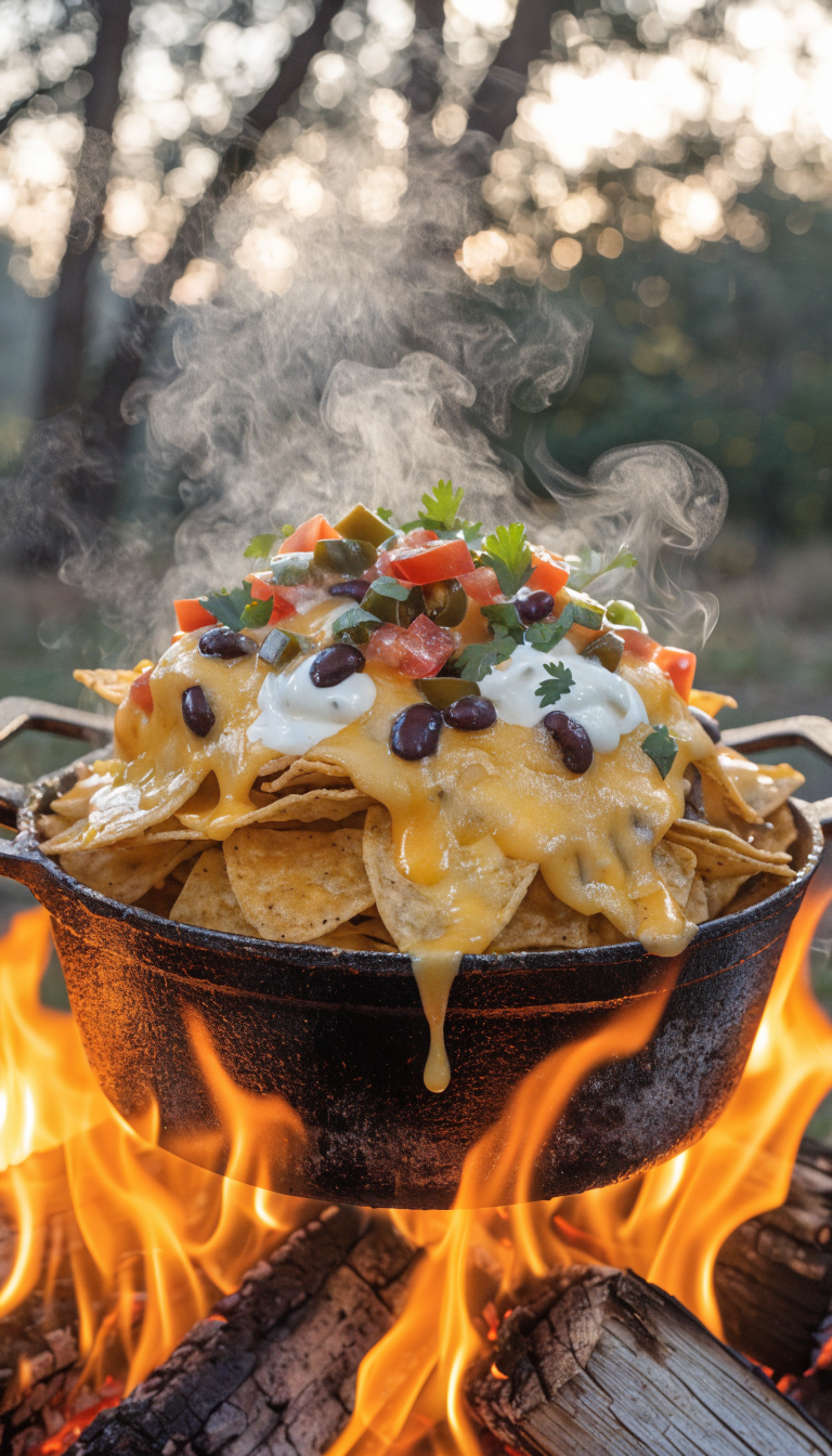 A rustic cast iron camping skillet filled with loaded nachos over a campfire, featuring layers of golden tortilla chips topped with melted cheese, colorful toppings like diced tomatoes, jalapeños, black beans, sour cream, and fresh cilantro, with flames visible beneath the skillet and a blurred natural outdoor camping background with trees, photographed in warm evening light with steam rising from the hot cheese