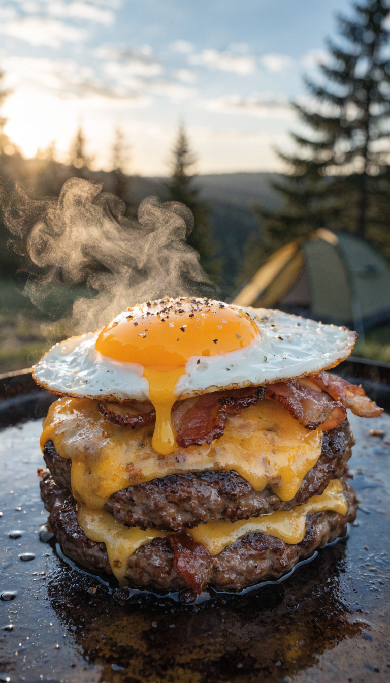 A mouth-watering breakfast smash burger stack on a cast iron griddle at a campsite during golden hour sunrise, featuring a crispy-edged beef patty with caramelized crust, topped with a perfectly fried egg with runny yolk, strips of crispy bacon, and melted American cheese, shot from a 45-degree angle with shallow depth of field, warm morning sunlight illuminating the steam rising from the hot griddle, blurred camping background with tent and trees, professional food photography style with rich colors and appetizing details