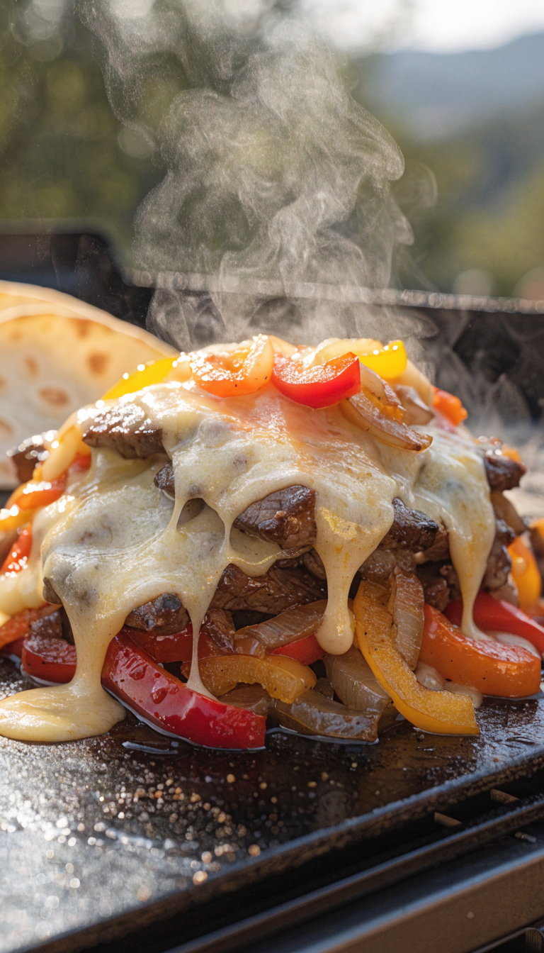 A mouthwatering close-up photo of loaded Philly cheesesteak fajitas on a camping griddle, featuring thinly sliced ribeye steak with charred edges, colorful sautéed bell peppers and caramelized onions, melted provolone cheese stretching and draped over the meat, all sizzling on a flat-top griddle surface with warm flour tortillas visible at the edge, shot in natural outdoor lighting with a shallow depth of field showing steam rising from the hot food, rustic camping setting visible softly blurred in the background