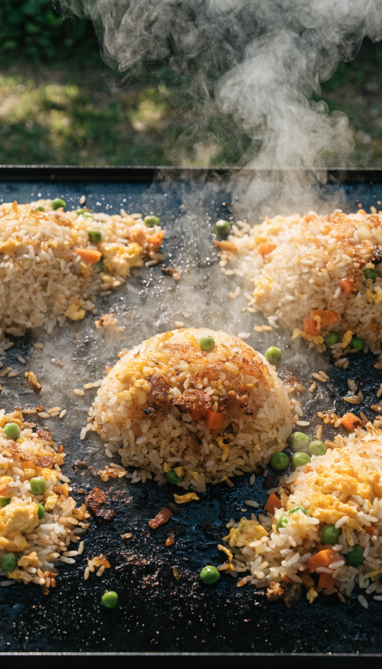 A close-up overhead view of crispy fried rice sizzling on a large flat camping griddle, with visible golden-brown crispy edges and charred bits throughout the rice. Scrambled eggs, diced vegetables including peas and carrots, and pieces of cooked protein are mixed throughout. The griddle shows different sections with ingredients pushed to the sides, steam rising from the hot surface. Natural outdoor lighting suggests a campsite setting, with the black griddle surface creating contrast against the colorful fried rice. The rice has an appetizing texture with clearly visible crispy, caramelized edges that look crunchy and perfectly cooked.