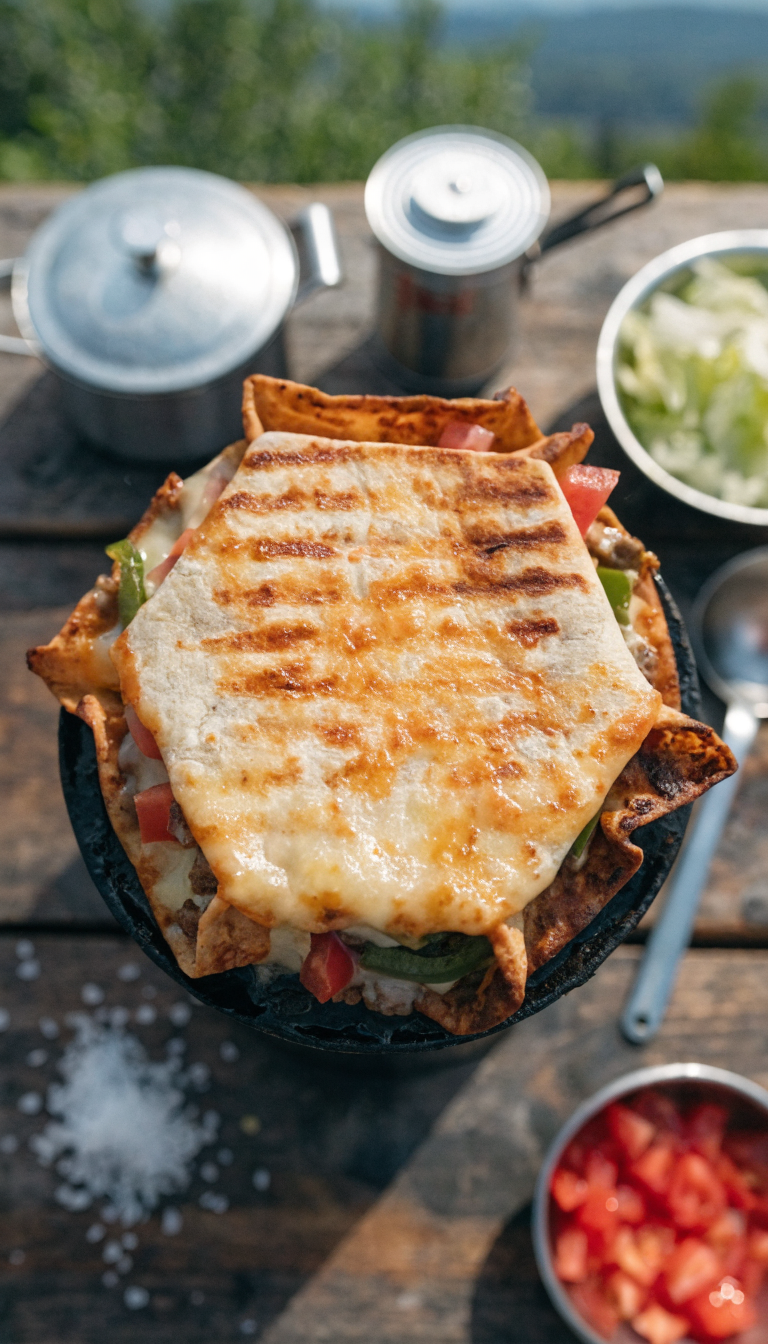 A overhead close-up photograph of a golden-brown hexagonal crunchwrap supreme cooking on a flat-top camping griddle outdoors, with melted cheese slightly oozing from the folded edges, visible grill marks on the tortilla surface, surrounded by camping cookware and fresh ingredients like diced tomatoes and shredded lettuce on a wooden camp table, natural daylight, shallow depth of field, professional food photography style