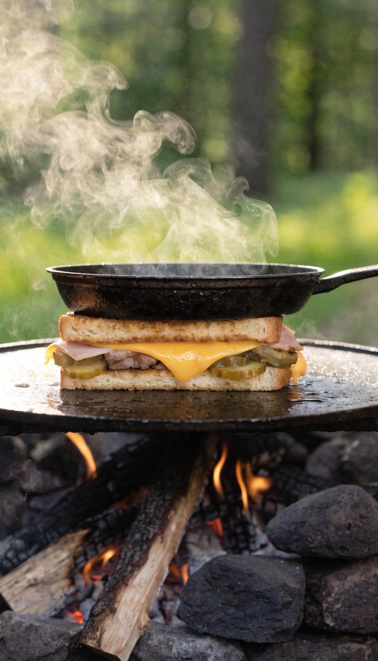 A mouthwatering Cuban sandwich being pressed on a cast iron camping griddle over a campfire, with melted Swiss cheese oozing out between layers of roasted pork, ham, and pickles on golden-brown toasted bread, a heavy skillet pressing down on top of the sandwich, wisps of steam rising, outdoor camping setting with blurred forest background, natural daylight, food photography style, shallow depth of field