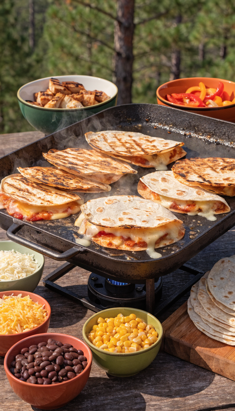 A rustic outdoor camping scene featuring a large flat-top griddle loaded with multiple golden-brown quesadillas with distinct grill marks and crispy charred edges, steam rising from freshly melted cheese oozing out the sides. Arranged around the griddle are colorful bowls containing diced grilled chicken, sautéed peppers and onions, shredded cheese varieties, black beans, and corn kernels. Flour tortillas are stacked nearby on a wooden cutting board. The setting shows a camping table with a propane griddle, natural outdoor lighting, pine trees softly blurred in the background, and camping cookware visible. Professional food photography style with shallow depth of field, warm golden hour lighting, and appetizing details of the melted cheese strings and charred tortilla texture.
