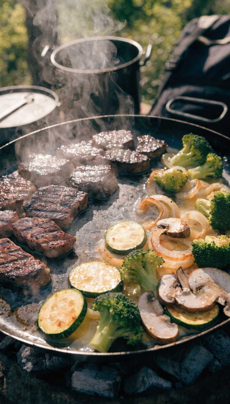 A high-quality overhead photo of a camping griddle cooking hibachi-style meal outdoors, featuring perfectly seared bite-sized pieces of steak with beautiful char marks on one section, while colorful vegetables including sliced zucchini, onions, mushrooms, and broccoli florets sizzle in melted butter on another section, steam rising from the hot flat-top surface, set up at a campsite with natural outdoor lighting, rustic camping equipment visible in the blurred background, professional food photography style with shallow depth of field focusing on the sizzling steak and crisp-tender vegetables.